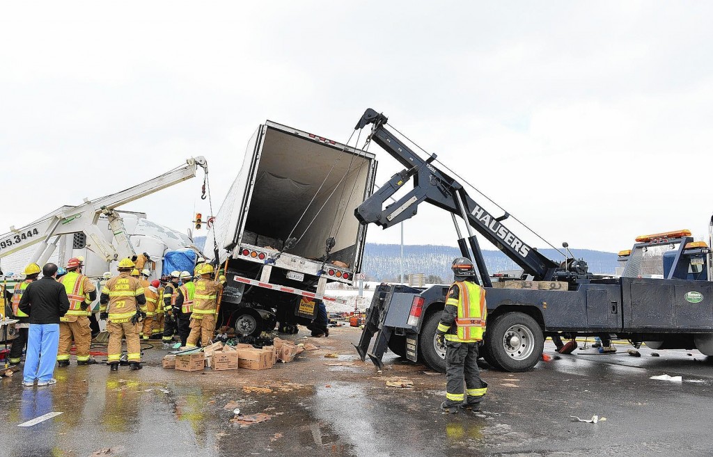 A pair of trucks crashed, trapping one driver in his cab, last month on West Saucon Valley Road near Center Valley Parkway in Upper Saucon Township, a collision one area driver says is indicative of traffic problems in the area. (APRIL BARTHOLOMEW, THE MORNING CALL)