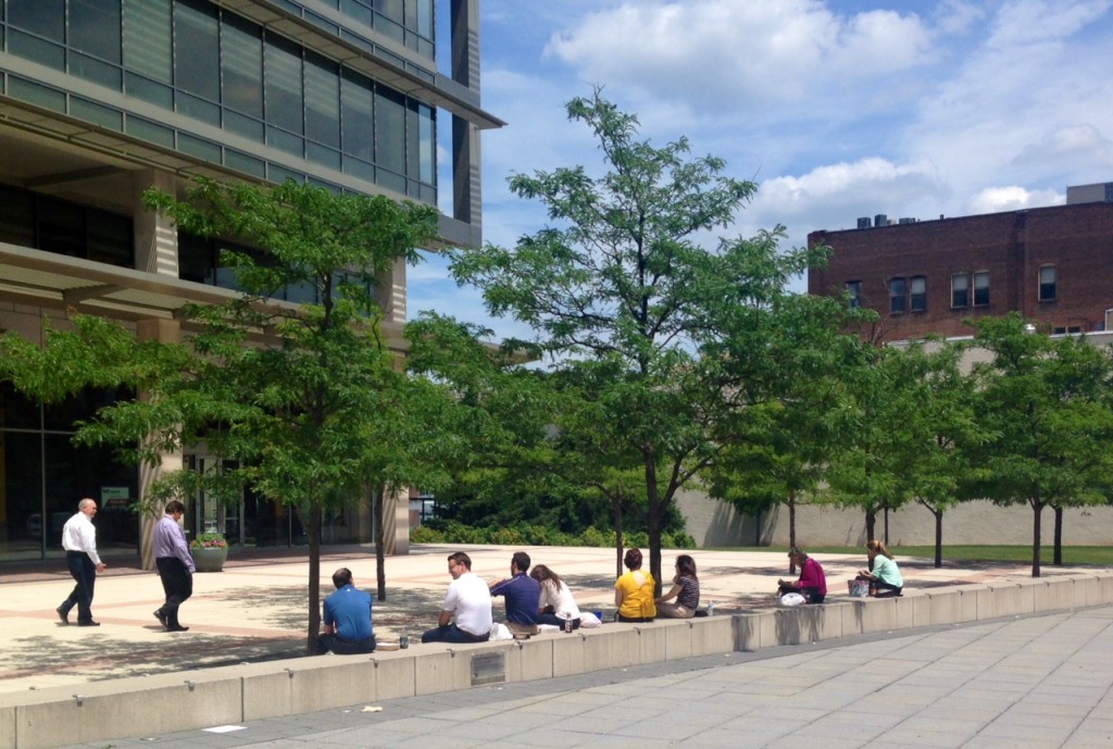 Folks on lunch break enjoying the sunny day taking advantage of the great pedestrian facilities all over Hamilton. Fantastic urban design. 